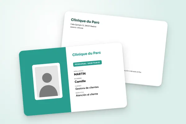 Modelo de credencial «Clinique du Parc» (empresas y administraciones, mitad en color, verde agua): anverso y reverso