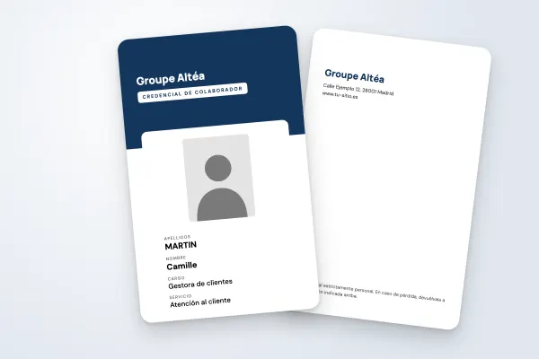 Modelo de credencial «Groupe Altéa» (empresas y administraciones, vertical, franja azul marino): anverso y reverso