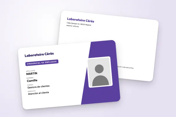 Modelo de credencial «Laboratoire Cérès» (empresas y administraciones, bloque oblicuo, violeta): anverso y reverso