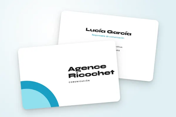 Modelo de tarjeta de visita «Agence Ricochet» (consultoría y creativos, formas redondeadas turquesa): anverso y reverso