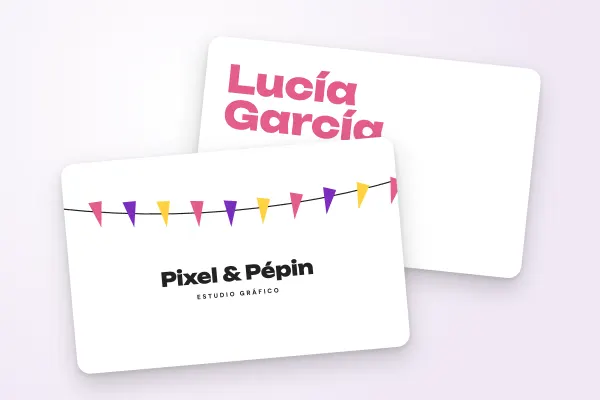Modelo de tarjeta de visita «Pixel & Pépin» (consultoría y creativos, banderines de colores): anverso y reverso