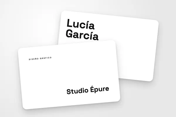 Modelo de tarjeta de visita «Studio Épure» (consultoría y creativos, nombre abajo a la derecha, blanco y negro): anverso y reverso