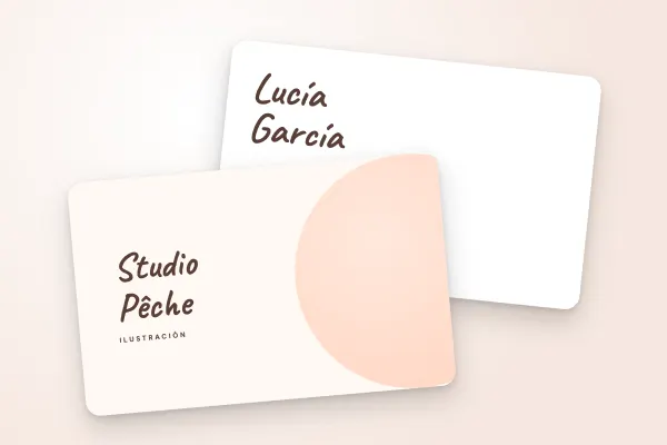 Modelo de tarjeta de visita «Studio Pêche» (consultoría y creativos, disco pastel, manuscrito): anverso y reverso