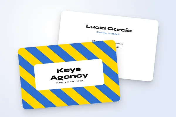 Modelo de tarjeta de visita «Keys Agency» (inmobiliaria, rayas pop, azul y amarillo): anverso y reverso