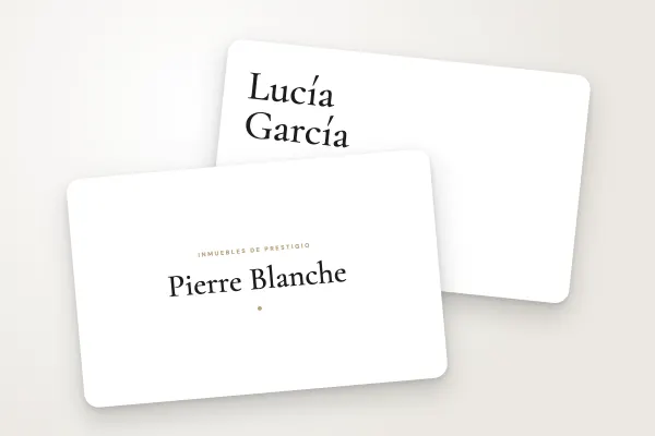 Modelo de tarjeta de visita «Pierre Blanche» (inmobiliaria, depurado, serif y oro): anverso y reverso