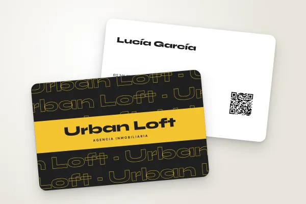 Modelo de tarjeta de visita «Urban Loft» (inmobiliaria, nombre repetido, amarillo): anverso y reverso