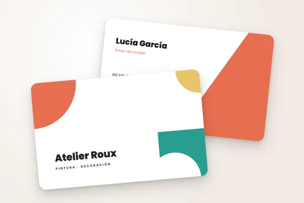 Modelo de tarjeta de visita «Atelier Roux» (artesanos y construcción, formas geométricas): anverso y reverso
