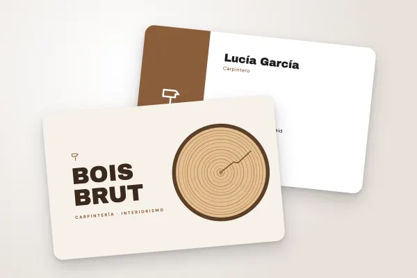 Modelo de tarjeta de visita «Bois Brut» (artesanos y construcción, rodaja de madera ilustrada): anverso y reverso