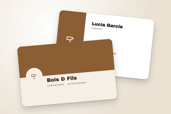 Modelo de tarjeta de visita «Bois & Fils» (artesanos y construcción, medallón, madera): anverso y reverso