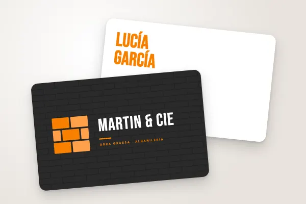 Modelo de tarjeta de visita «Martin & Cie» (artesanos y construcción, monograma de ladrillos, antracita y naranja): anverso y reverso