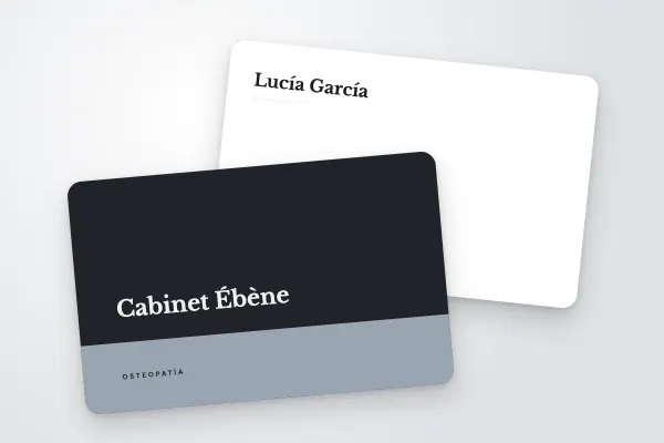 Modelo de tarjeta de visita «Cabinet Ébène» (salud y bienestar, base plateada, carbón): anverso y reverso
