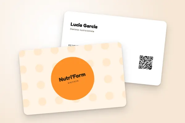 Modelo de tarjeta de visita «Nutri’Form» (salud y bienestar, lunares grandes, naranja): anverso y reverso