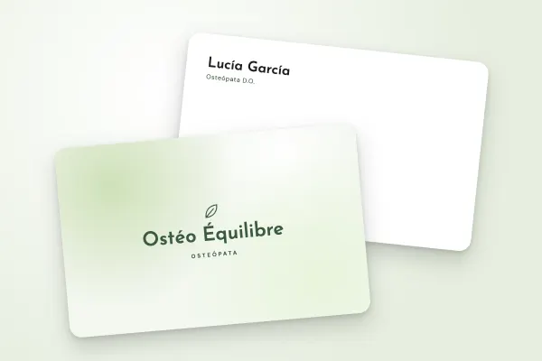 Modelo de tarjeta de visita «Ostéo Équilibre» (salud y bienestar, degradado verde suave): anverso y reverso