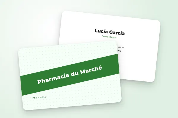 Modelo de tarjeta de visita «Pharmacie du Marché» (salud y bienestar, franja verde): anverso y reverso