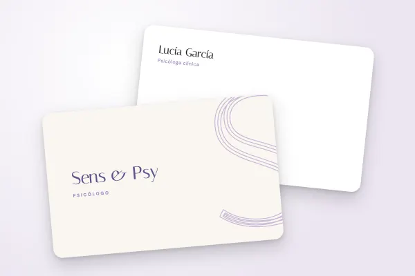 Modelo de tarjeta de visita «Sens & Psy» (salud y bienestar, monograma, lavanda): anverso y reverso