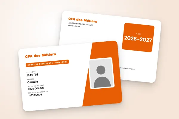 Modelo de carné de estudiante «CFA des Métiers» (arte y formación, bloque oblicuo, foto enmarcada, naranja): anverso y reverso