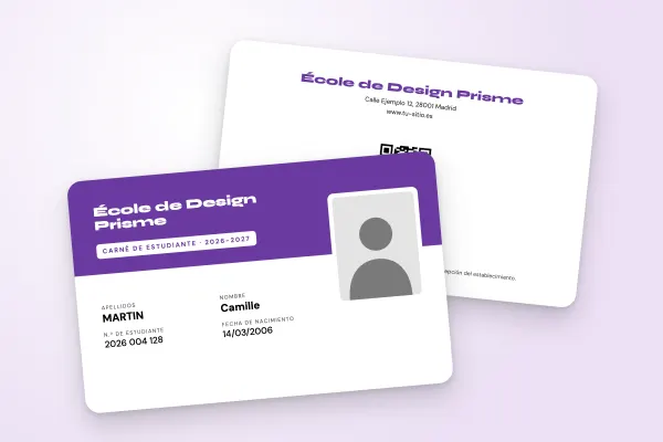 Modelo de carné de estudiante «École de Design Prisme» (arte y formación, dos tonos, foto a caballo, violeta): anverso y reverso