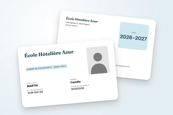 Modelo de carné de estudiante «École Hôtelière Azur» (escuelas superiores, nombre en grande, campos en dos columnas, azul cielo): anverso y reverso