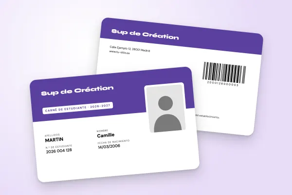Modelo de carné de estudiante «Sup de Création» (escuelas superiores, dos tonos, foto a caballo, violeta): anverso y reverso