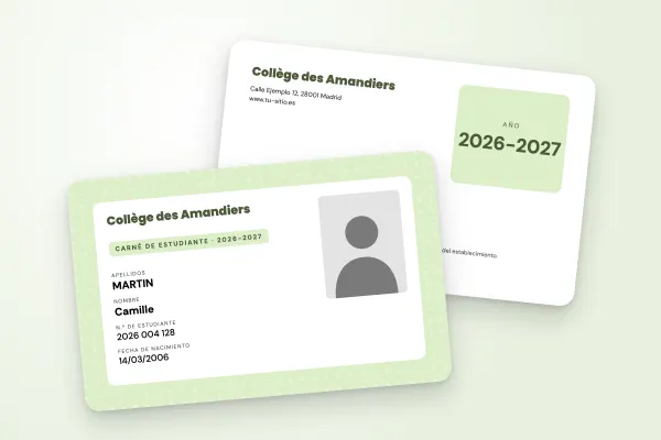Modelo de carné de estudiante «Collège des Amandiers» (institutos y colegios, motivo completo, panel claro, verde almendra): anverso y reverso