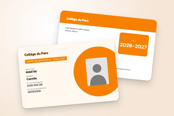 Modelo de carné de estudiante «Collège du Parc» (institutos y colegios, círculo de color, naranja): anverso y reverso