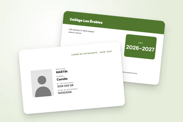 Modelo de carné de estudiante «Collège Les Érables» (institutos y colegios, fondo de color, panel claro, olas verdes): anverso y reverso