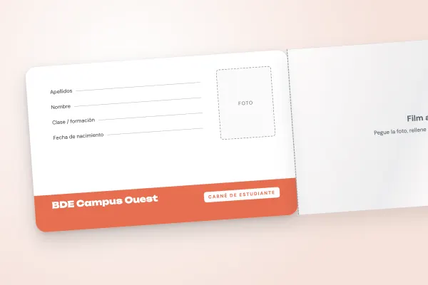 Modelo de carné de estudiante «BDE Campus Ouest» (tarjetas con solapa adhesiva, para rellenar, franja inferior coral): anverso y reverso