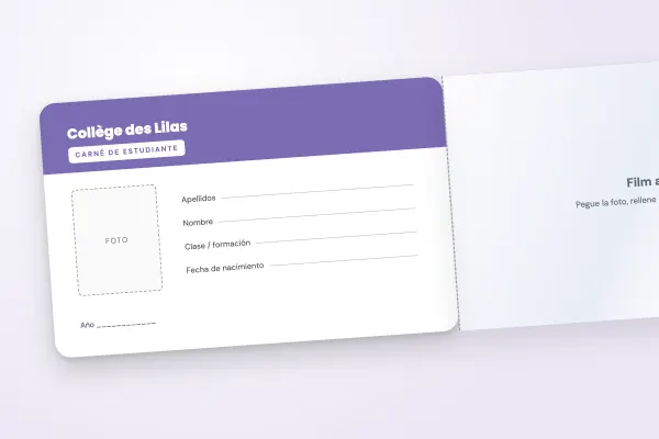 Modelo de carné de estudiante «Collège des Lilas» (tarjetas con solapa adhesiva, para rellenar, franja lila): anverso y reverso