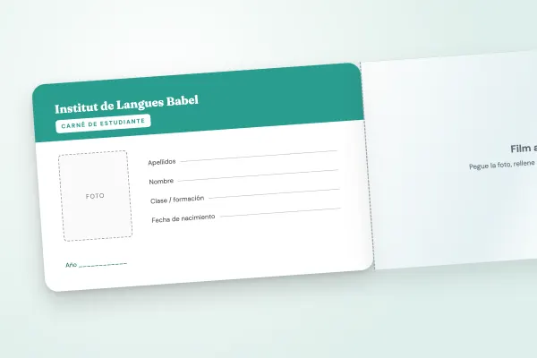 Modelo de carné de estudiante «Institut de Langues Babel» (tarjetas con solapa adhesiva, para rellenar, franja verde): anverso y reverso