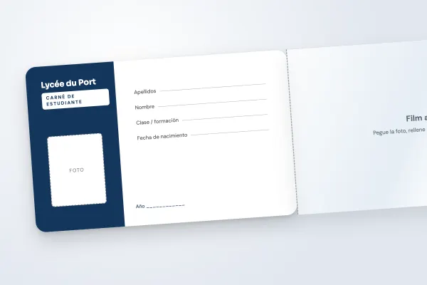 Modelo de carné de estudiante «Lycée du Port» (tarjetas con solapa adhesiva, para rellenar, columna azul marino): anverso y reverso