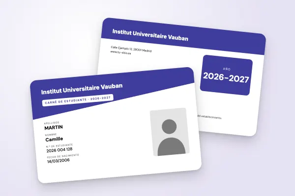 Modelo de carné de estudiante «Institut Universitaire Vauban» (universidades, cabecera diagonal, violeta): anverso y reverso