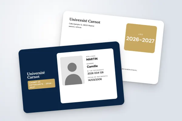 Modelo de carné de estudiante «Université Carnot» (universidades, fondo oscuro, azul noche y oro): anverso y reverso
