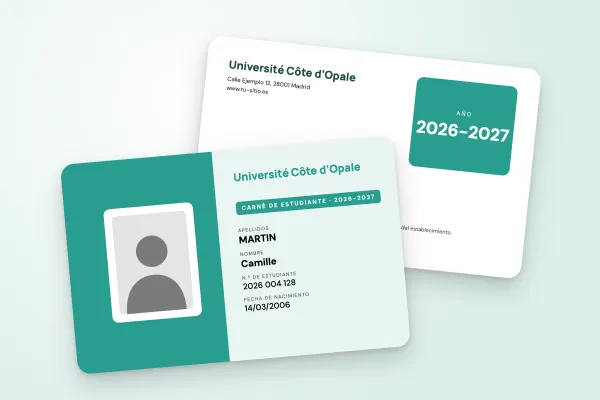 Modelo de carné de estudiante «Université Côte d’Opale» (universidades, mitad en color, foto enmarcada, verde agua): anverso y reverso