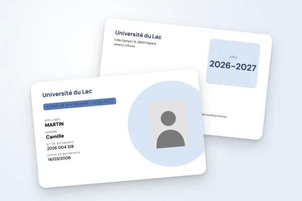 Modelo de carné de estudiante «Université du Lac» (universidades, círculo de color, azul): anverso y reverso