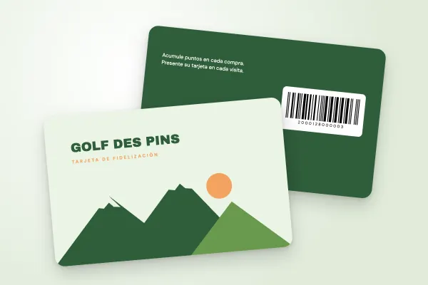 Modelo de tarjeta de fidelización «Golf des Pins» (deporte y ocio, colinas, verde y naranja): anverso y reverso