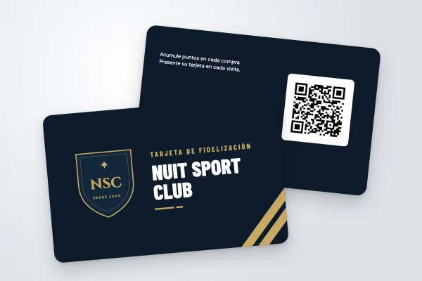 Modelo de tarjeta de fidelización «Nuit Sport Club» (deporte y ocio, escudo de club «tarjeta de fidelización», azul noche y oro): anverso y reverso
