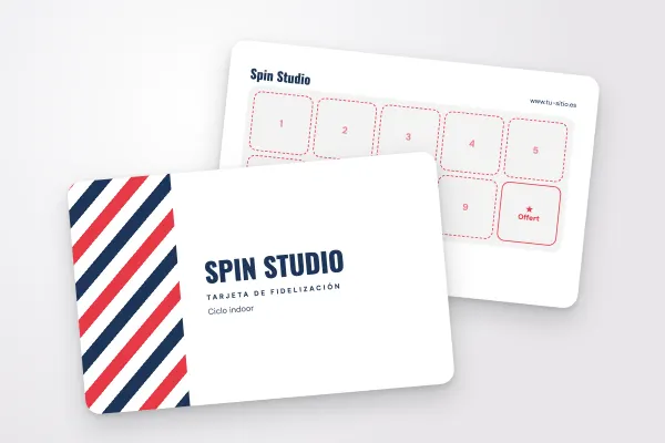 Modelo de tarjeta de fidelización «Spin Studio» (deporte y ocio, rayas, rojo y azul marino): anverso y reverso