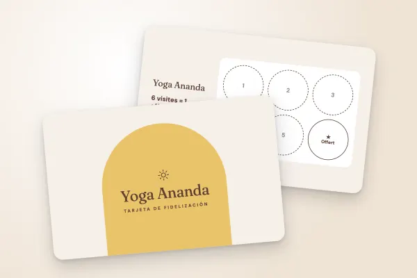 Modelo de tarjeta de fidelización «Yoga Ananda» (deporte y ocio, arco, azafrán): anverso y reverso