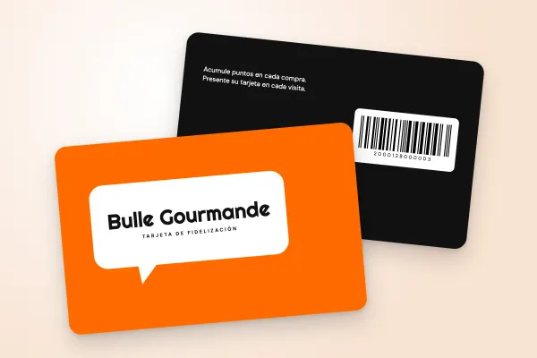 Modelo de tarjeta de fidelización «Bulle Gourmande» (cafeterías y restaurantes, burbuja pop, naranja): anverso y reverso