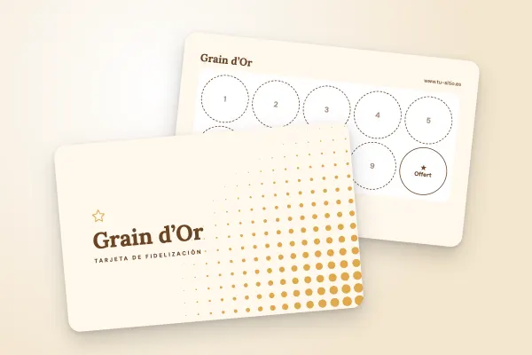 Modelo de tarjeta de fidelización «Grain d’Or» (cafeterías y restaurantes, trama dorada, panadería): anverso y reverso