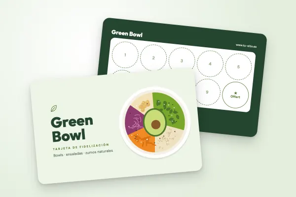 Modelo de tarjeta de fidelización «Green Bowl» (cafeterías y restaurantes, bowl ilustrado visto desde arriba): anverso y reverso