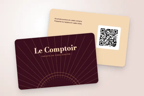 Modelo de tarjeta de fidelización «Le Comptoir» (cafeterías y restaurantes, art déco, burdeos y cobre): anverso y reverso
