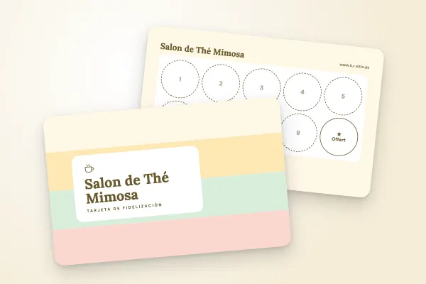 Modelo de tarjeta de fidelización «Salon de Thé Mimosa» (cafeterías y restaurantes, bandas pastel, de sellos): anverso y reverso