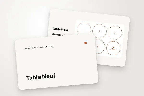 Modelo de tarjeta de fidelización «Table Neuf» (cafeterías y restaurantes, sobrio, terracota): anverso y reverso
