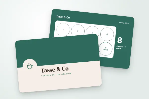 Modelo de tarjeta de fidelización «Tasse & Co» (cafeterías y restaurantes, medallón, verde café): anverso y reverso