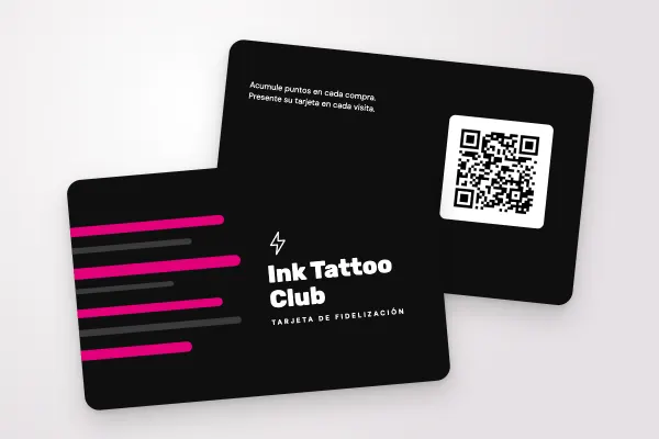 Modelo de tarjeta de fidelización «Ink Tattoo Club» (belleza y peluquería, líneas de velocidad, rosa neón): anverso y reverso