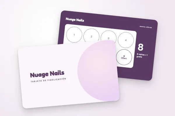 Modelo de tarjeta de fidelización «Nuage Nails» (belleza y peluquería, disco pastel, lila): anverso y reverso