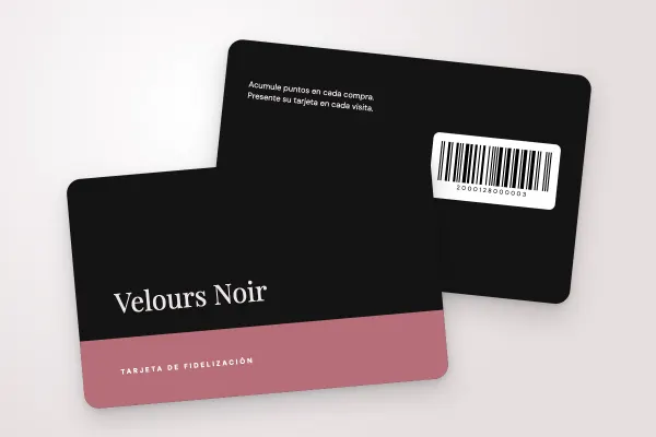 Modelo de tarjeta de fidelización «Velours Noir» (belleza y peluquería, base, negro y oro rosa): anverso y reverso