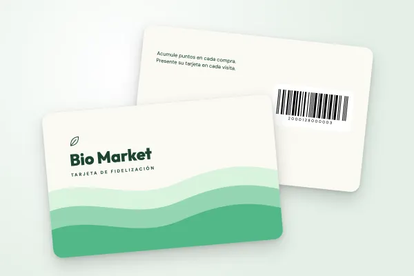 Modelo de tarjeta de fidelización «Bio Market» (supermercados y tiendas de alimentación, olas verdes): anverso y reverso