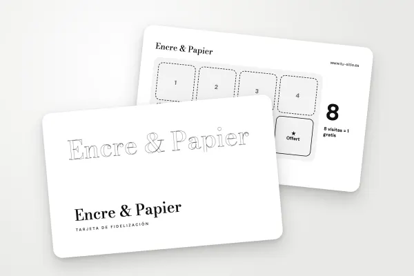 Modelo de tarjeta de fidelización «Encre & Papier» (tiendas y comercios, nombre en contorno, blanco y negro): anverso y reverso